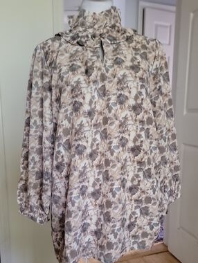 First Love  Floral Ruffle-Neck Blouse - Cream & Taupe